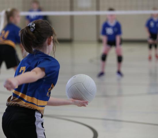 photo of the back of a girl about to serve a volleyball