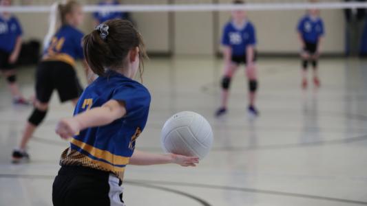 photo of the back of a girl about to serve a volleyball